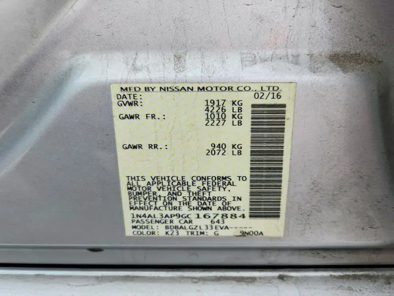 2016 NISSAN ALTIMA 2.5 S  