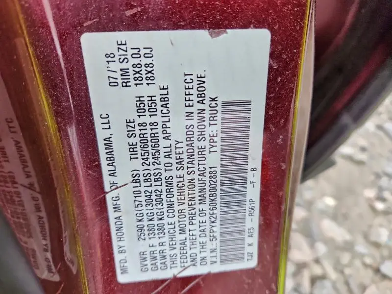 2019 HONDA RIDGELINE RTL  