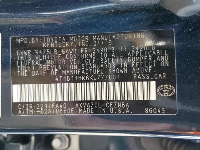 2019 TOYOTA CAMRY L  