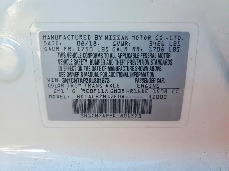 2019 NISSAN VERSA SV  