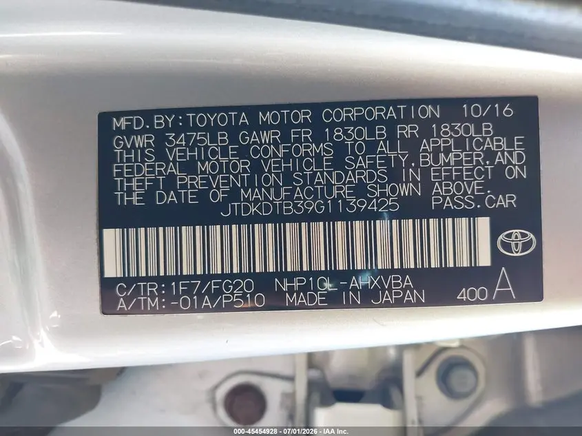 2016 TOYOTA PRIUS C TWO
