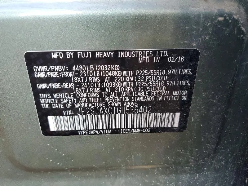 2016 SUBARU FORESTER 2.5I TOURING  