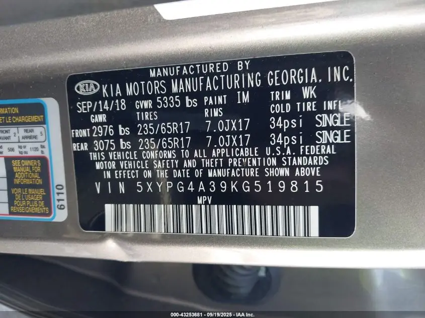 2019 KIA SORENTO 2.4L L