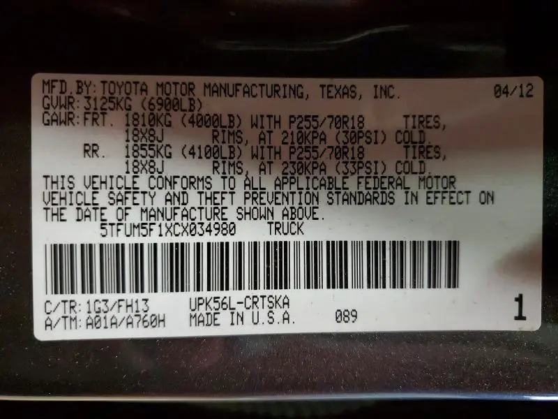 2012 TOYOTA TUNDRA DOUBLE CAB SR5  