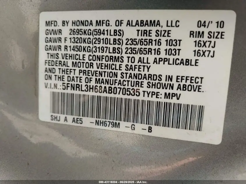 2010 HONDA ODYSSEY EX-L