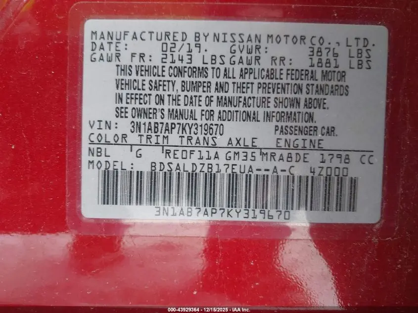 2019 NISSAN SENTRA SV