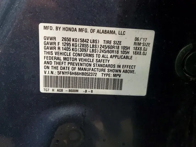 2017 HONDA PILOT EXL  