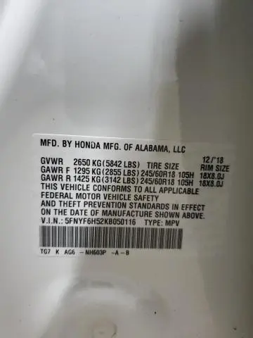 2019 HONDA PILOT EXL  