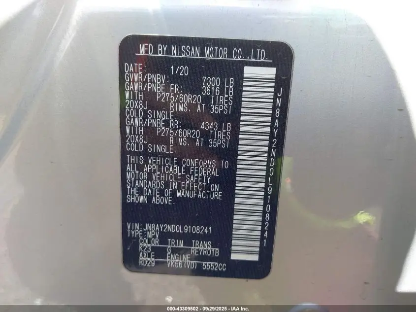 2020 NISSAN ARMADA SL 2WD