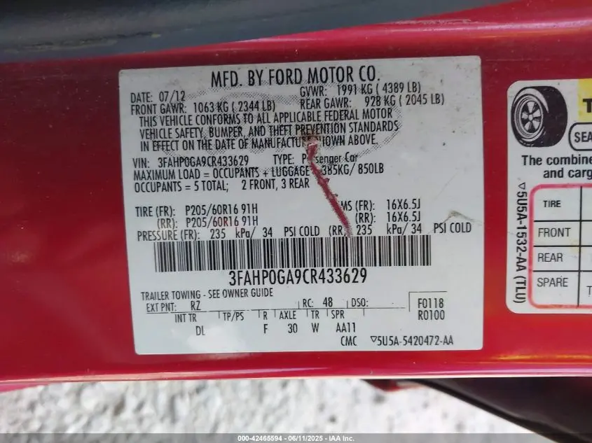 2012 FORD FUSION S