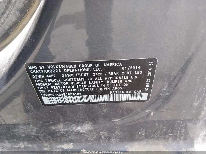 2014 VOLKSWAGEN PASSAT 2.0L TDI SE