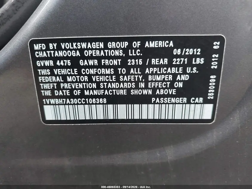 2012 VOLKSWAGEN PASSAT 2.5L SE