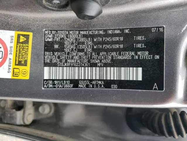 2016 TOYOTA HIGHLANDER XLE  