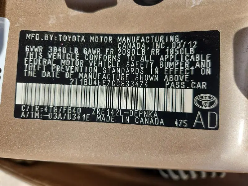 2012 TOYOTA COROLLA LE  