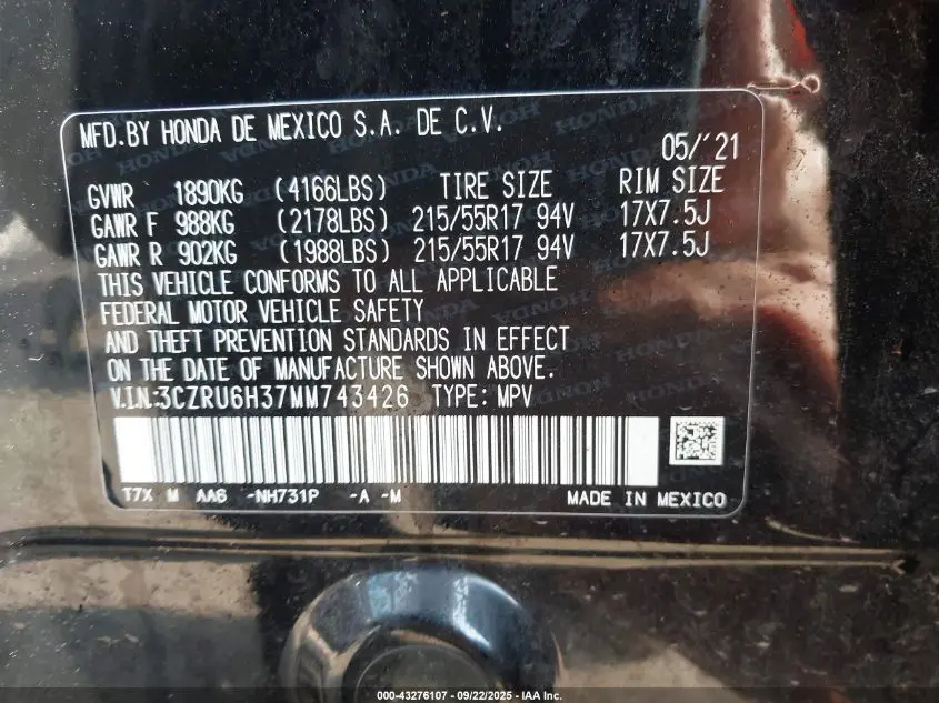 2021 HONDA HR-V AWD LX