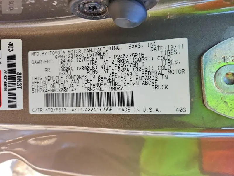 2012 TOYOTA TACOMA   