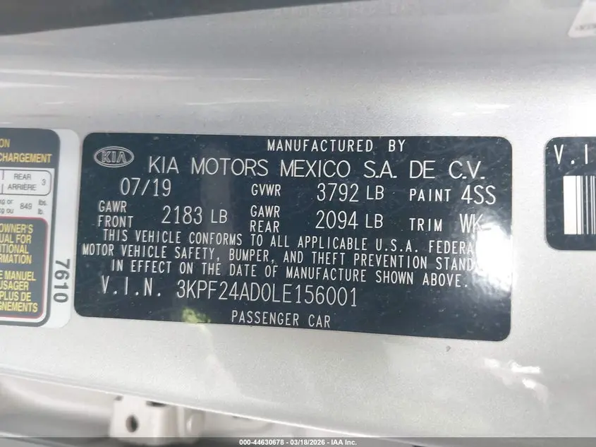 2020 KIA FORTE LXS