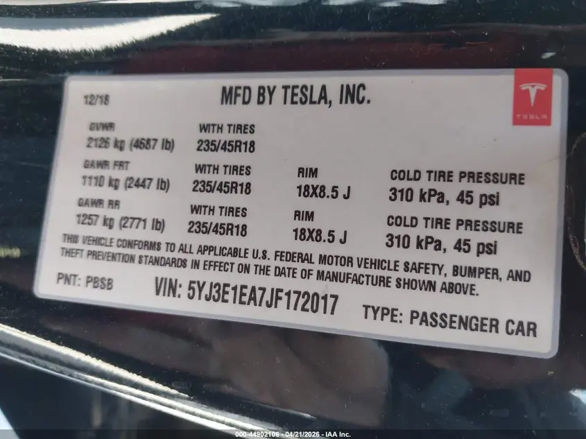 2018 TESLA MODEL 3 LONG RANGE/MID RANGE