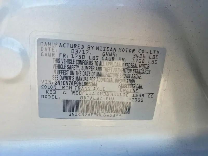 2017 NISSAN VERSA 1.6 S  
