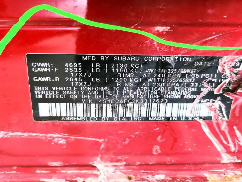 2019 SUBARU OUTBACK 2.5I PREMIUM  