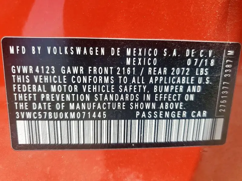 2019 VOLKSWAGEN JETTA S  