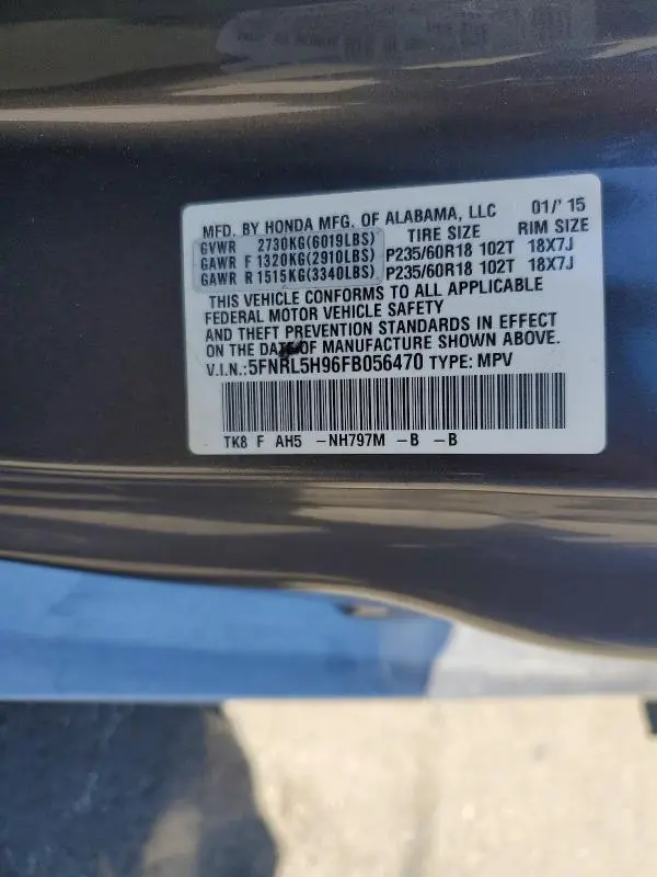2015 HONDA ODYSSEY TRG  