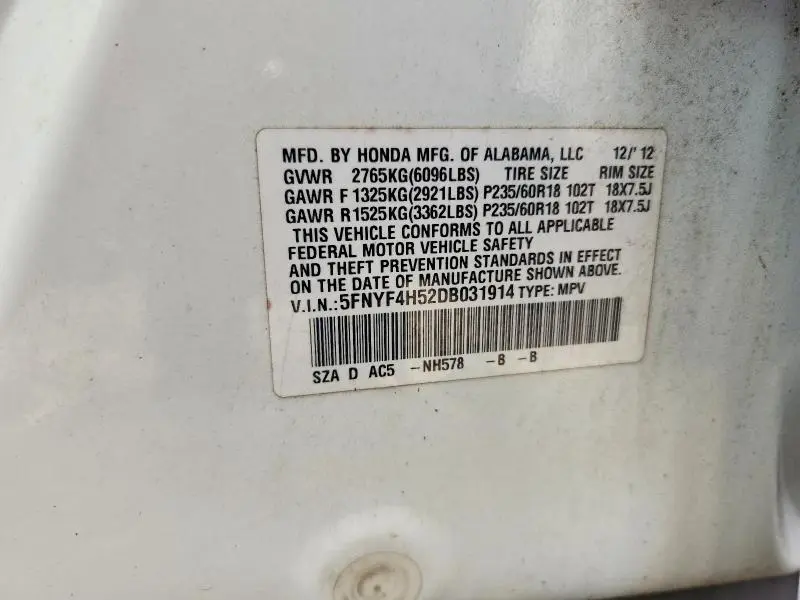 2013 HONDA PILOT EXL  