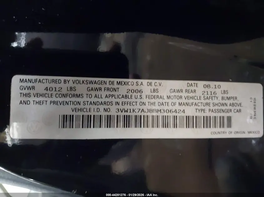 2011 VOLKSWAGEN JETTA 2.0L S