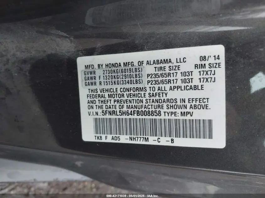 2015 HONDA ODYSSEY EX-L