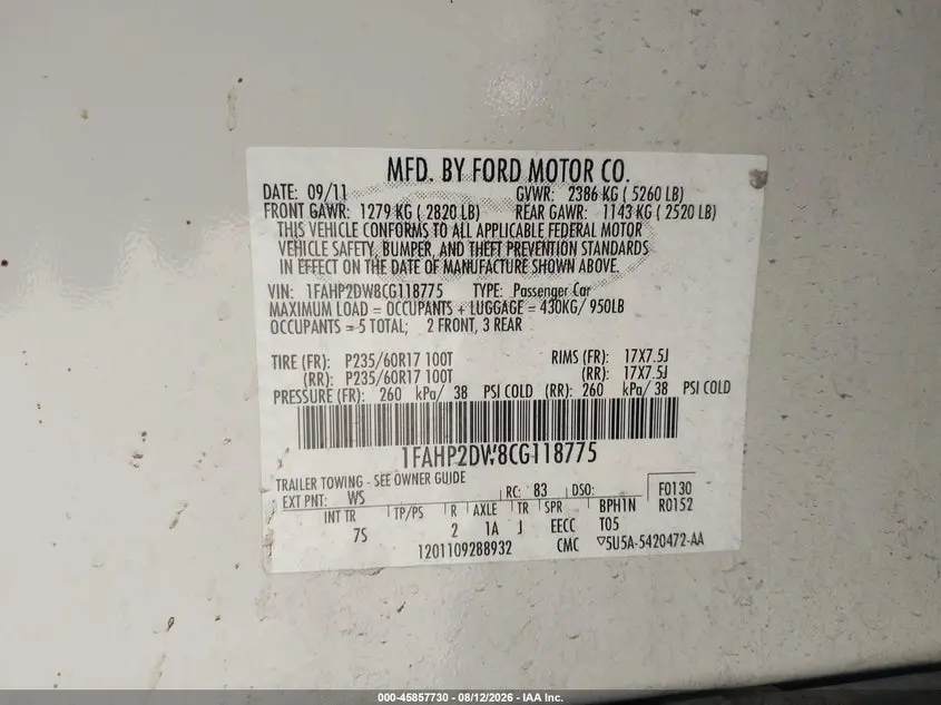 2012 FORD TAURUS SE