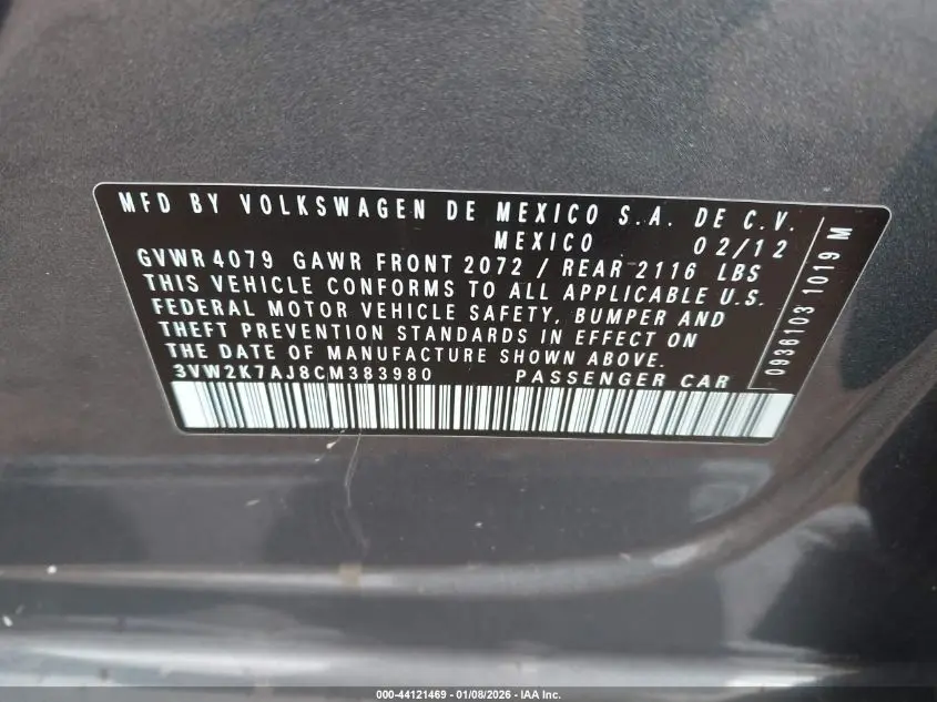 2012 VOLKSWAGEN JETTA 2.0L S