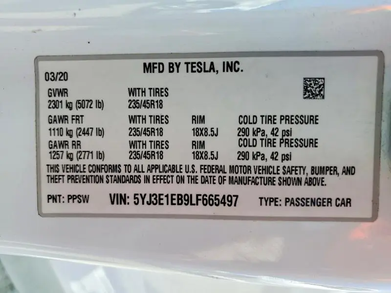 2020 TESLA MODEL 3   