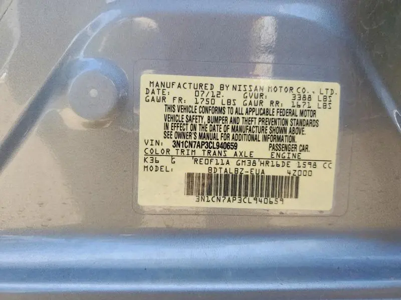 2012 NISSAN VERSA 1.6 S  