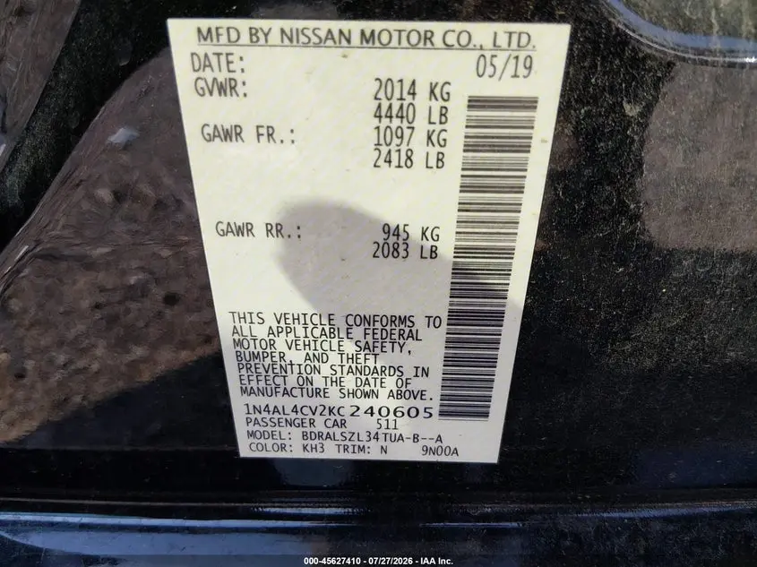 2019 NISSAN ALTIMA 2.0 SR