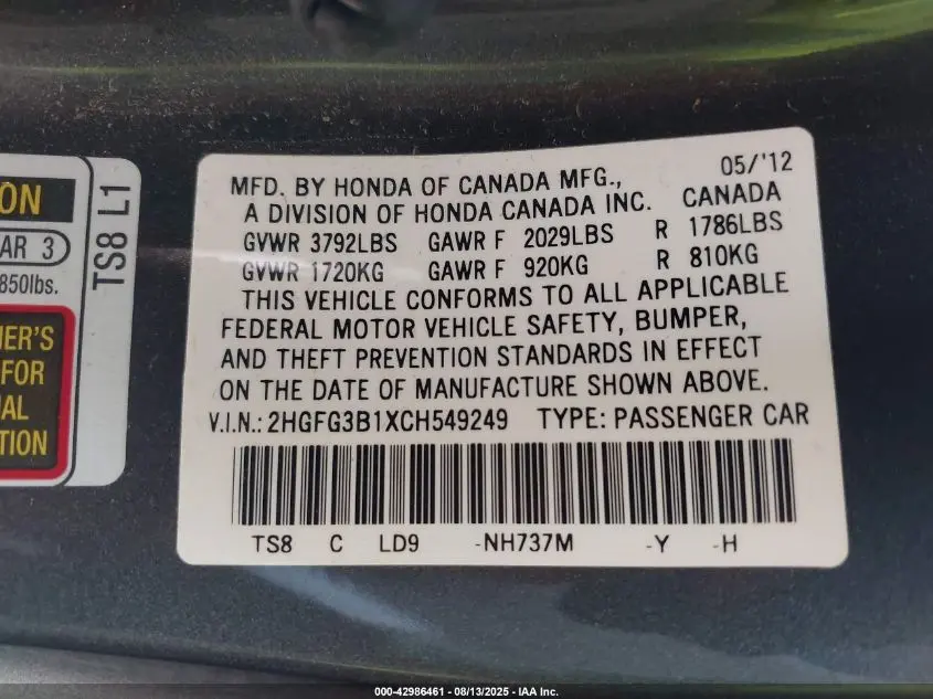 2012 HONDA CIVIC EX-L