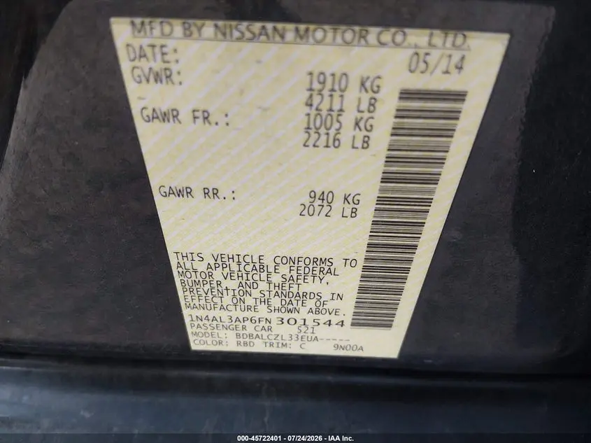 2015 NISSAN ALTIMA 2.5/2.5 S/2.5 SL/2.5 SV