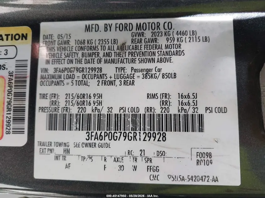 2016 FORD FUSION S