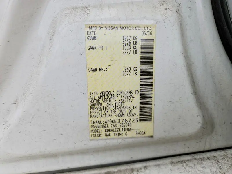 2016 NISSAN ALTIMA 2.5 S  