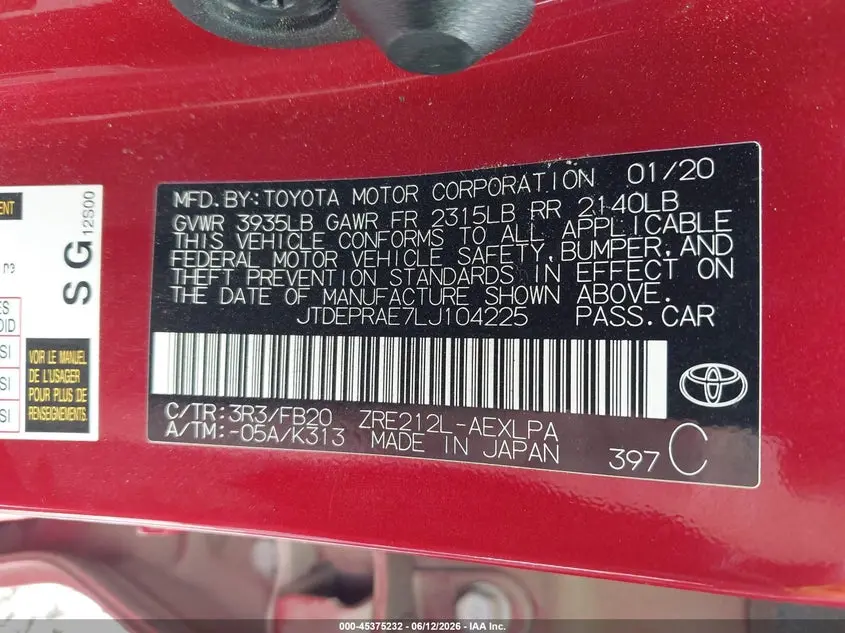 2020 TOYOTA COROLLA LE