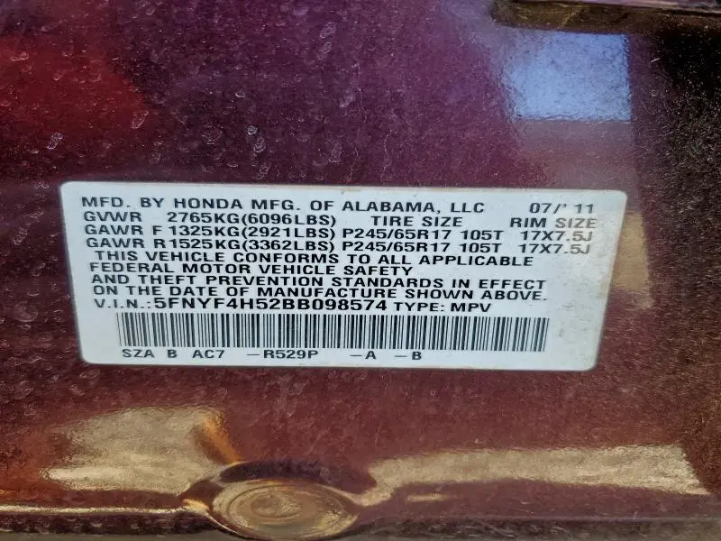 2011 HONDA PILOT EXL  