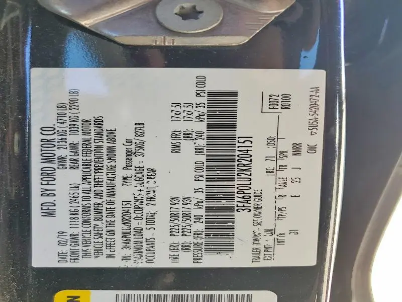 2019 FORD FUSION SE  