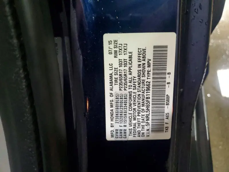 2015 HONDA ODYSSEY EXL  