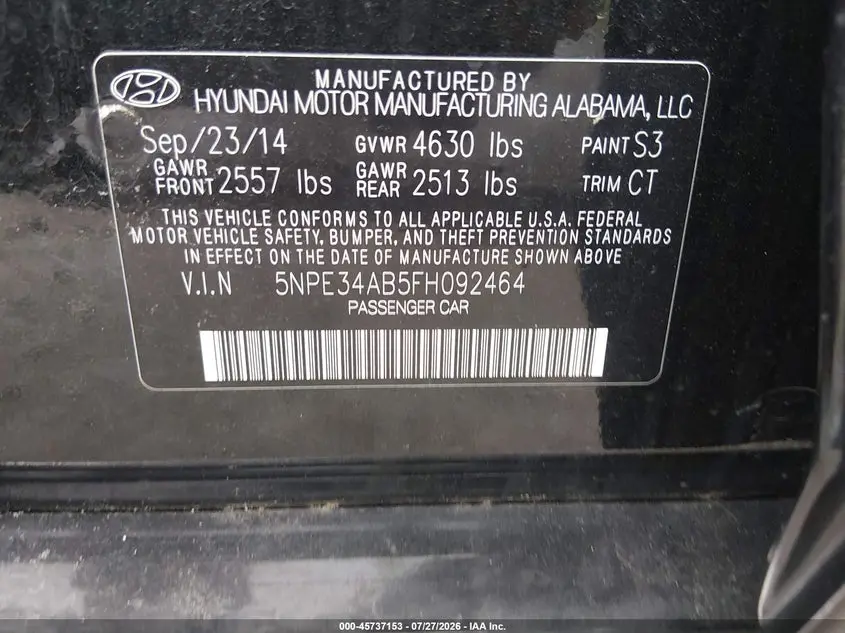 2015 HYUNDAI SONATA SPORT 2.0T
