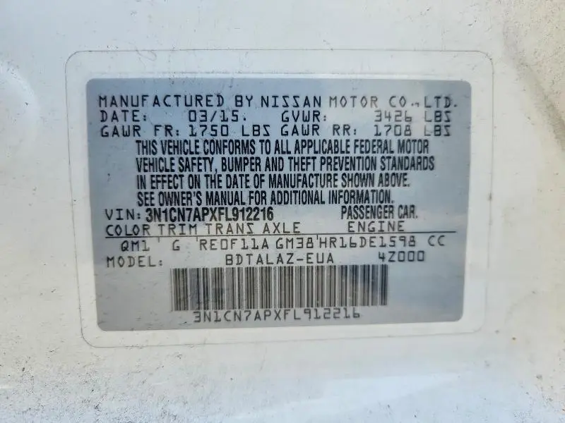 2015 NISSAN VERSA 1.6 S PLUS  