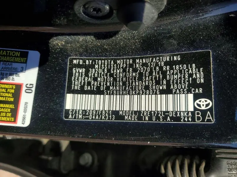 2019 TOYOTA COROLLA L  