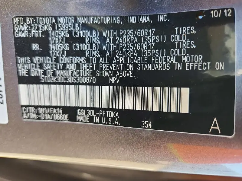 2013 TOYOTA SIENNA L 7-PASSENGER  