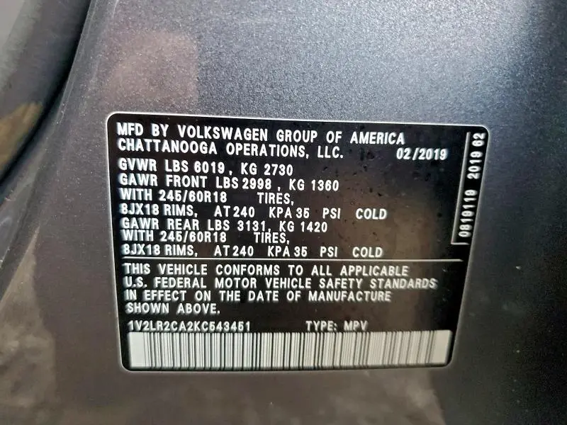 2019 VOLKSWAGEN ATLAS SE  