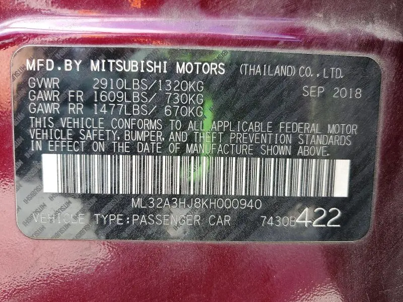 2019 MITSUBISHI MIRAGE ES  