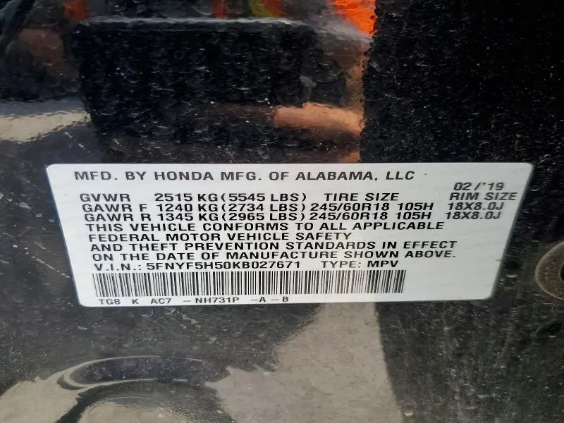 2019 HONDA PILOT EXL  