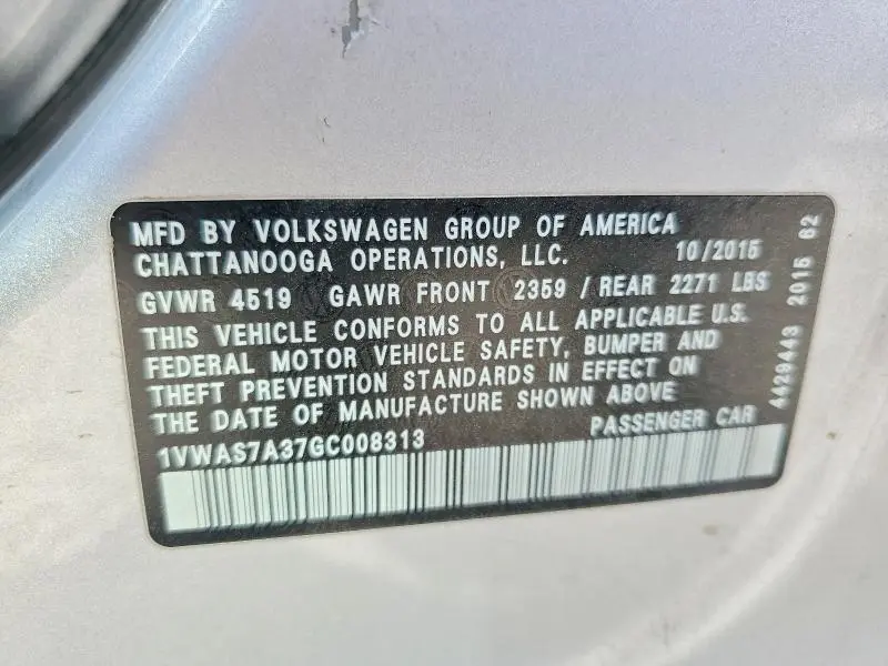 2016 VOLKSWAGEN PASSAT S  
